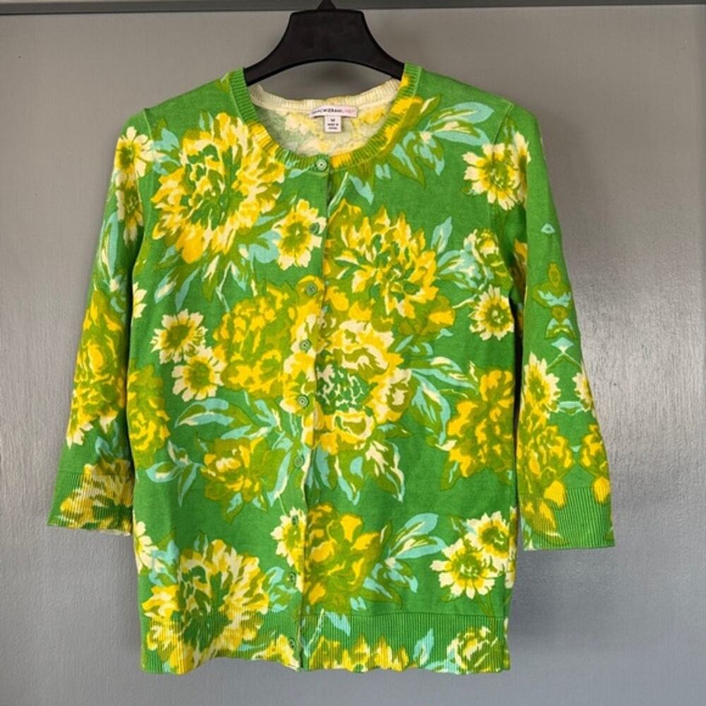 IsaacMizrahiLive Bright Green Yellow Floral Cotton Button Cardigan Sweater M